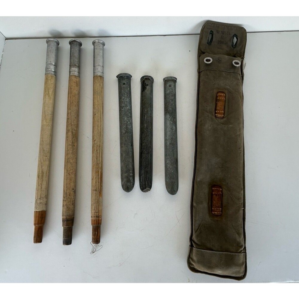 Swiss Military Tent Pole Set WW2 1940 Canvas Bag Wood Poles Metal Stakes
